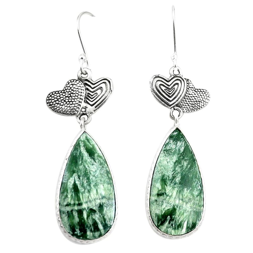 Natural green seraphinite (russian) 925 silver couple hearts earrings m39088