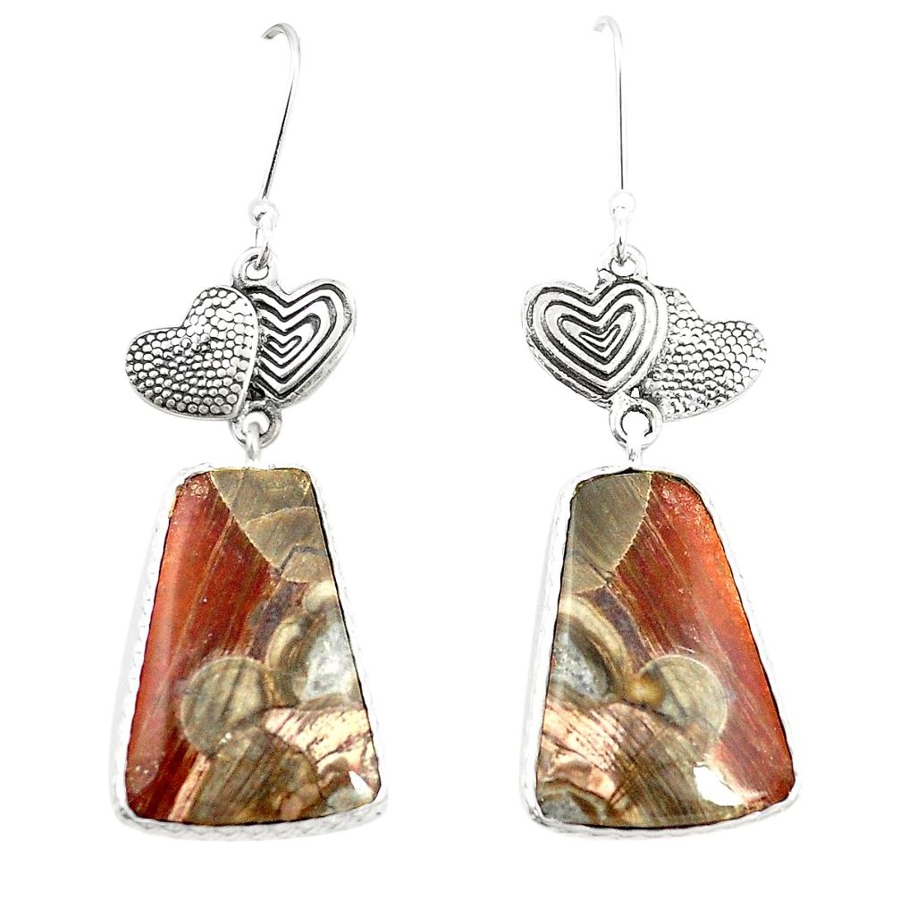 925 silver natural brown mushroom rhyolite couple hearts earrings m39094