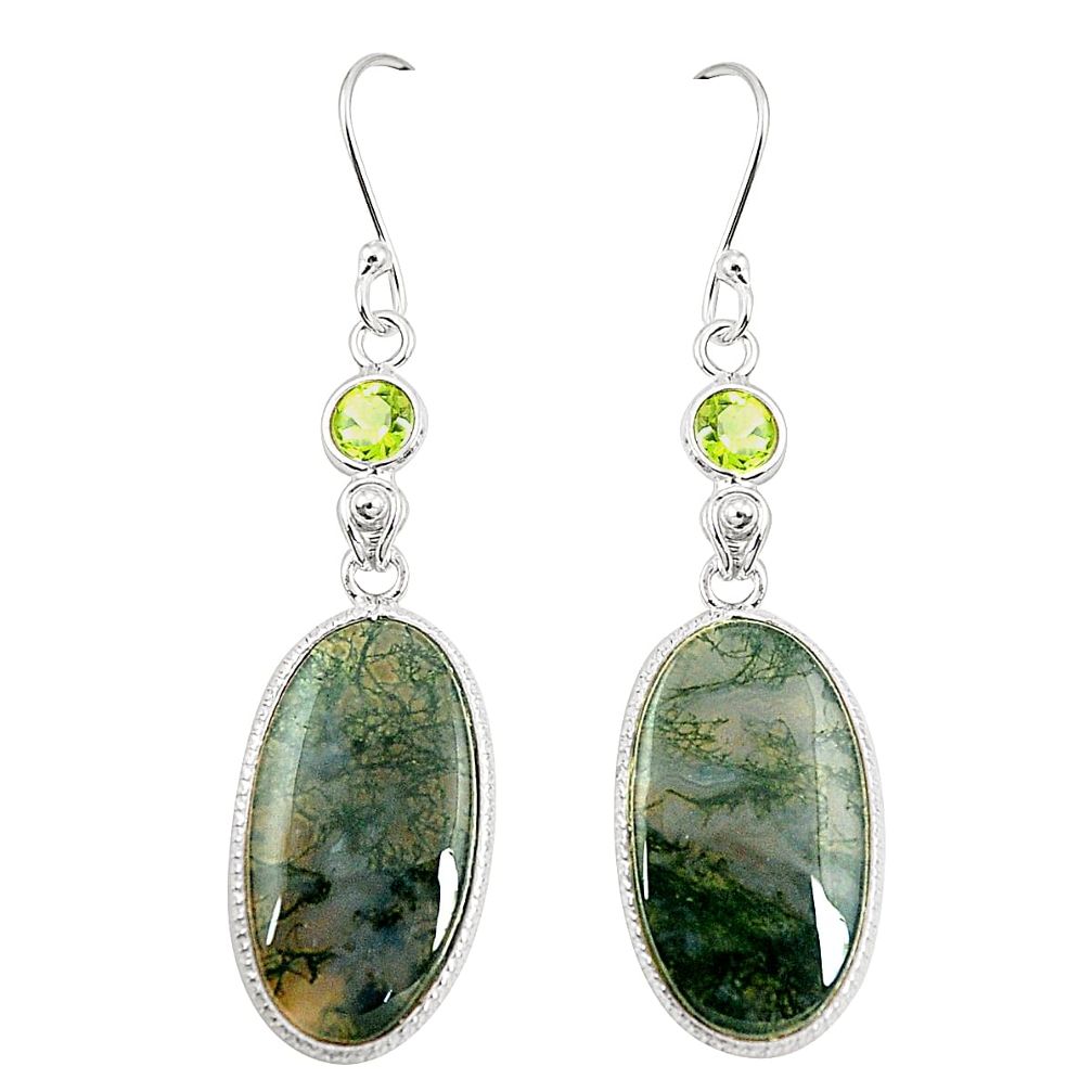 Natural green moss agate peridot 925 silver dangle earrings m39148