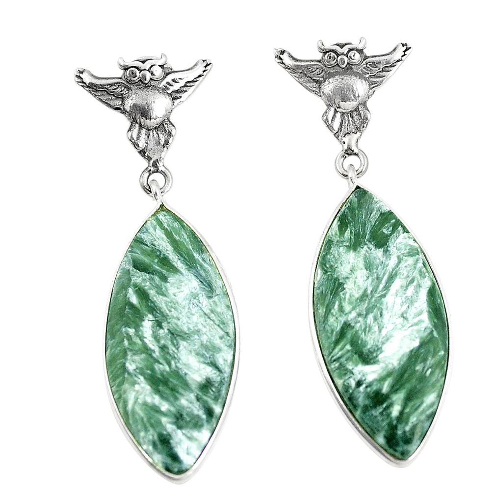 Natural green seraphinite (russian) 925 silver owl earrings jewelry m39218