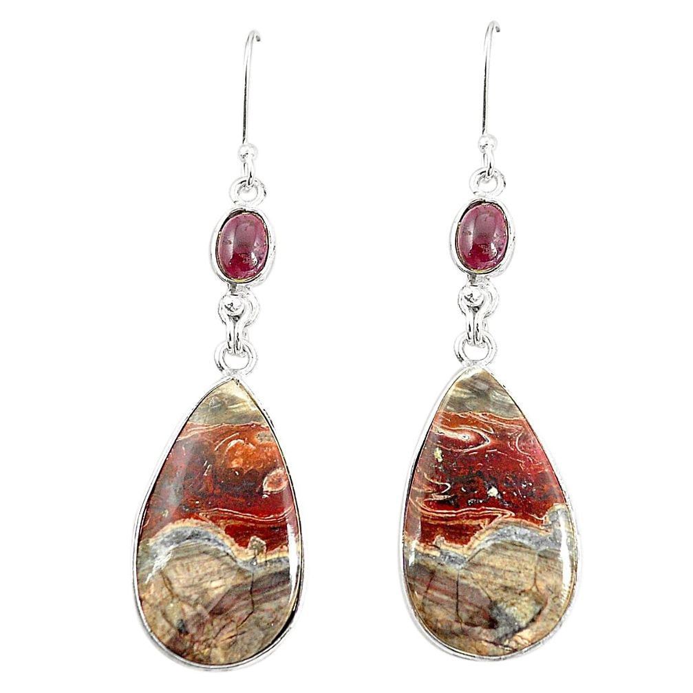 Natural brown mushroom rhyolite red garnet 925 silver earrings m39236