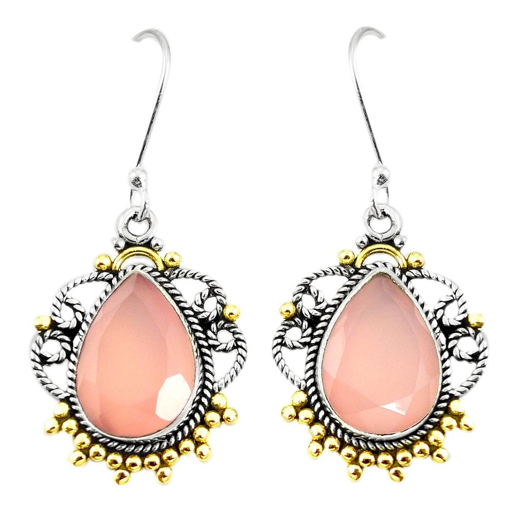 Natural pink rose quartz 925 silver 14k gold dangle earrings m40411