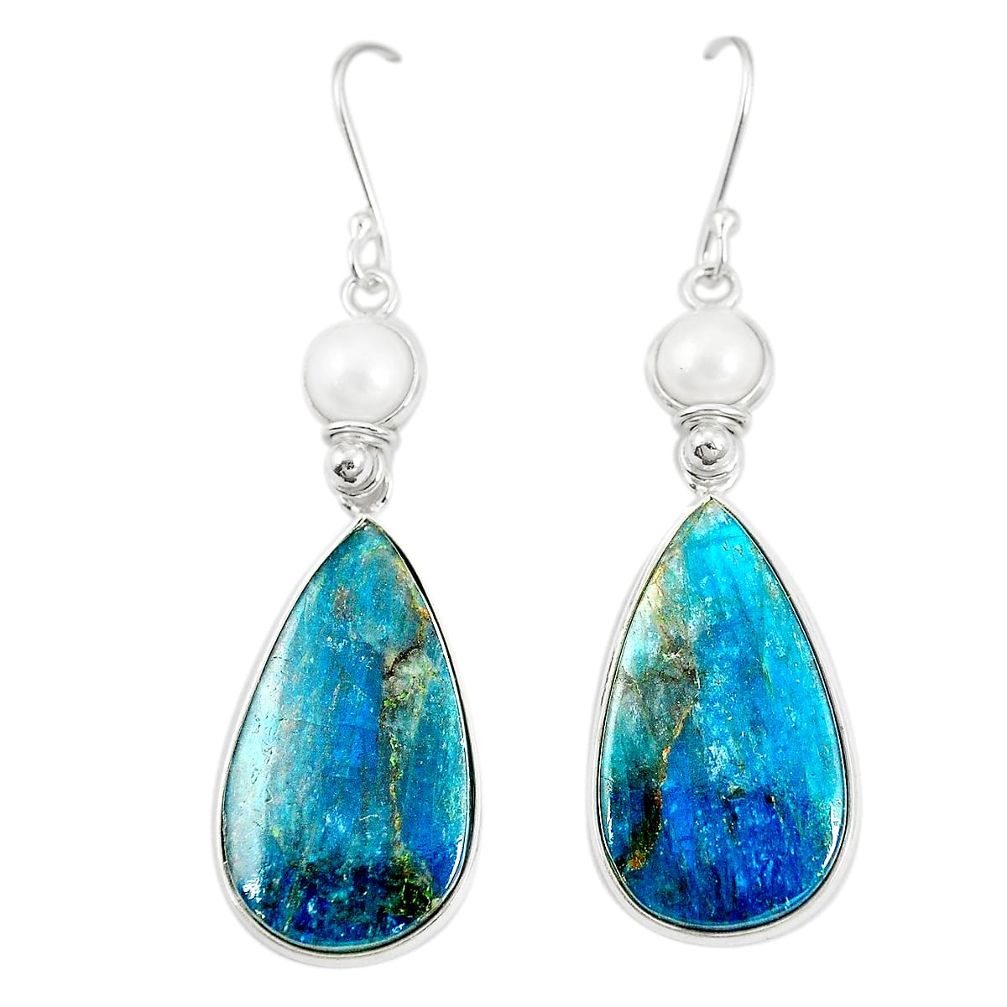 Natural blue shattuckite pearl 925 silver dangle earrings jewelry m41343