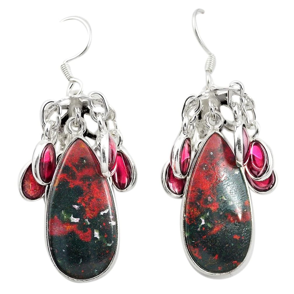 925 silver natural green bloodstone african (heliotrope) dangle earrings m44170