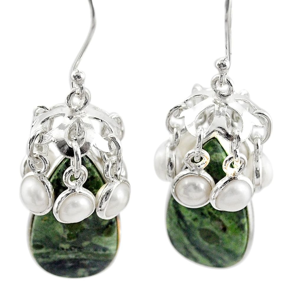 Natural green kambaba jasper (stromatolites) 925 silver dangle earrings m44197