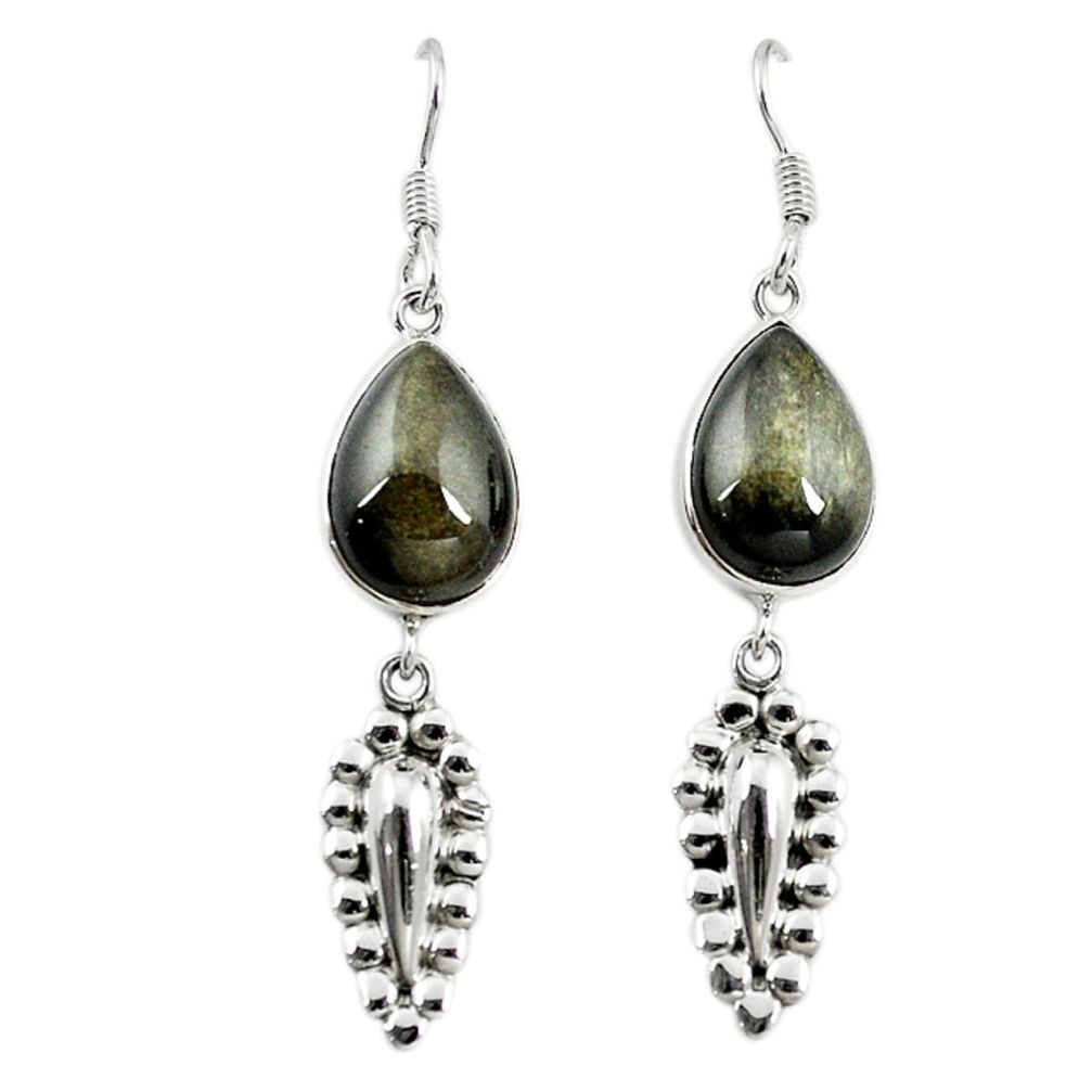 Natural golden sheen black obsidian 925 silver dangle earrings m5588