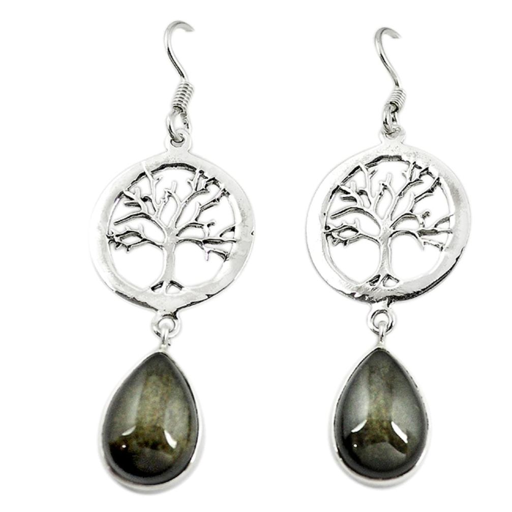 Natural golden sheen black obsidian 925 silver tree of life earrings m5593