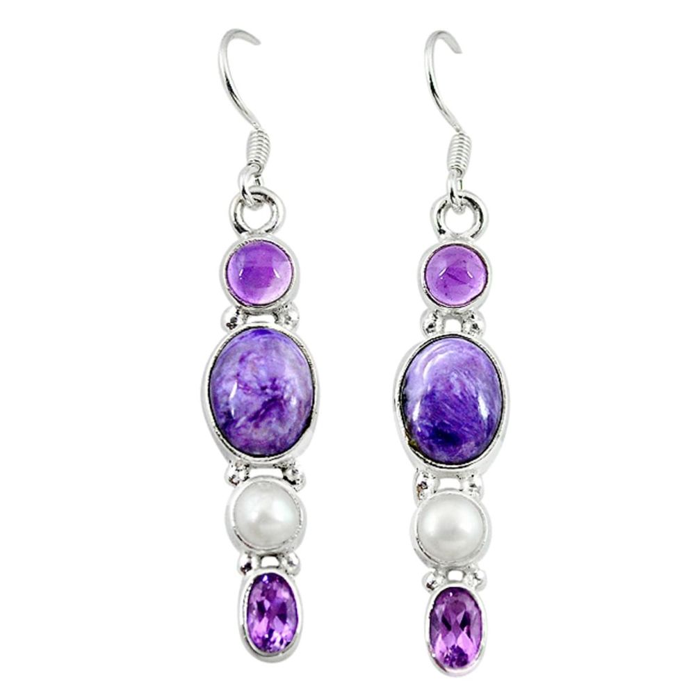 Natural purple charoite (siberian) pearl 925 silver dangle earrings m7702