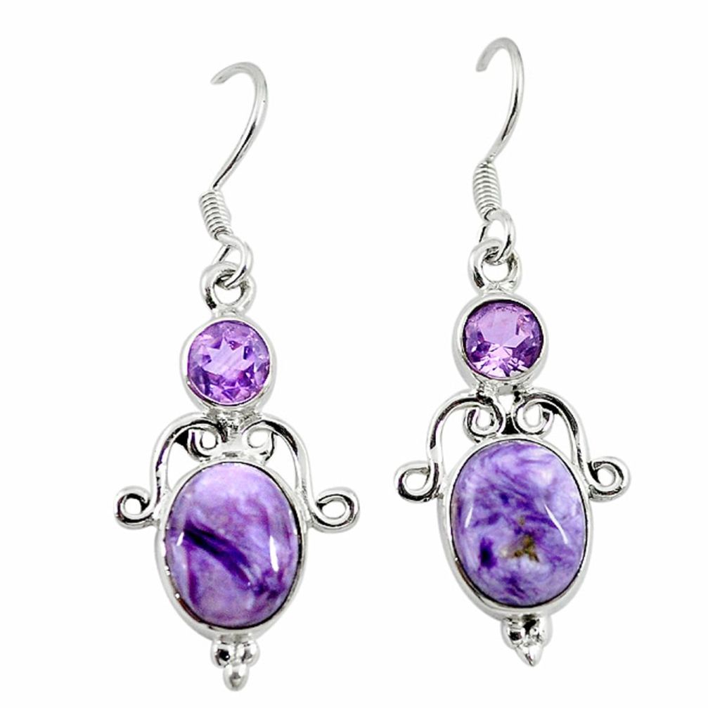 Natural purple charoite (siberian) 925 silver dangle earrings jewelry m7705