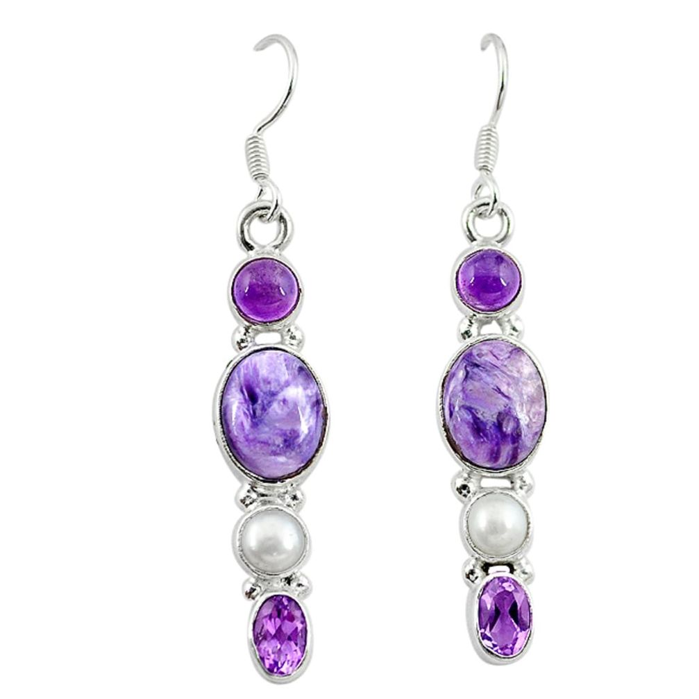 Natural purple charoite (siberian) pearl 925 silver dangle earrings m7706