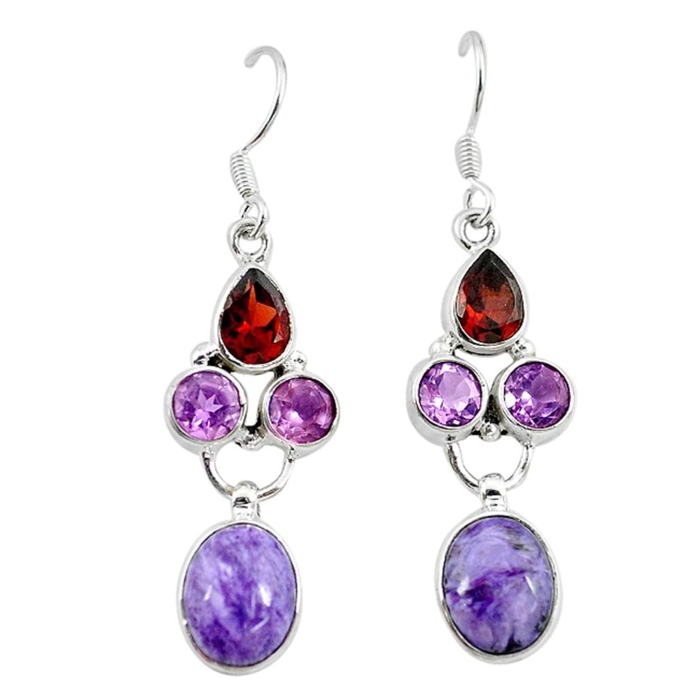 Natural purple charoite (siberian) garnet 925 silver dangle earrings m7708