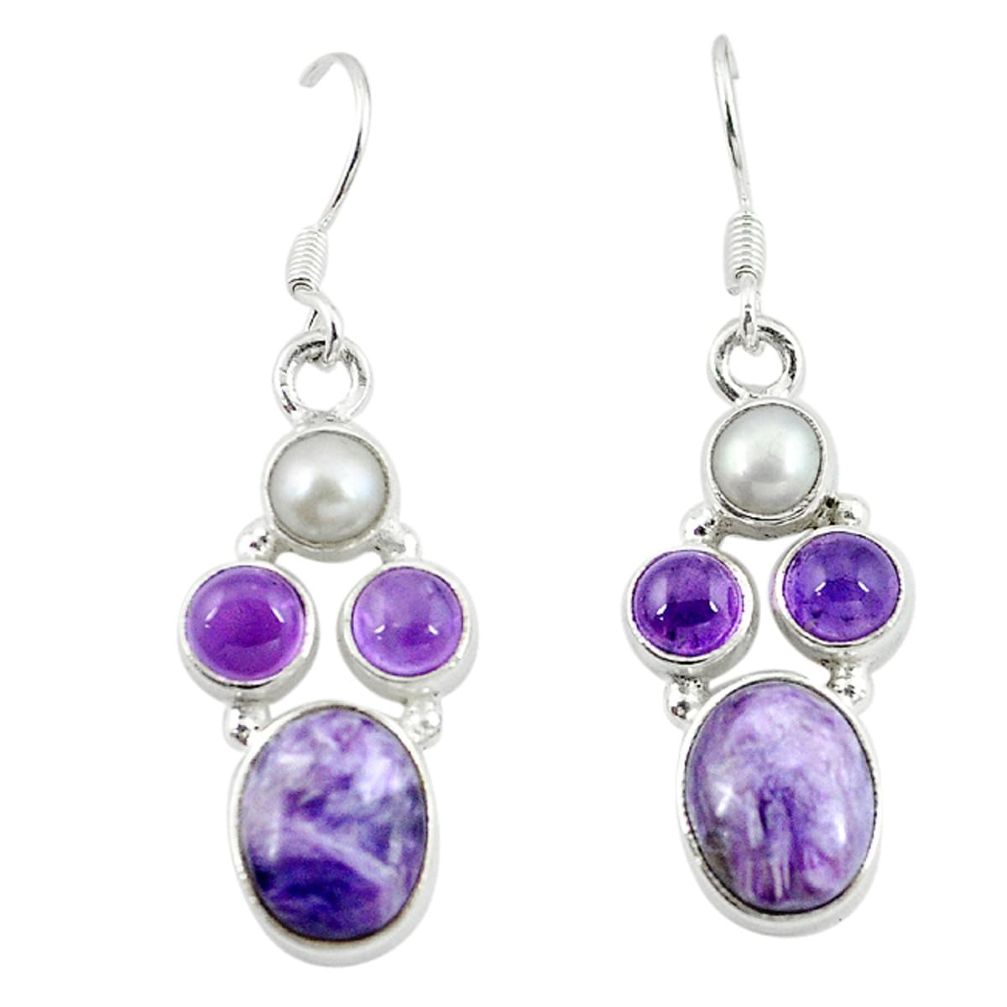 Natural purple charoite (siberian) pearl 925 silver dangle earrings m7712