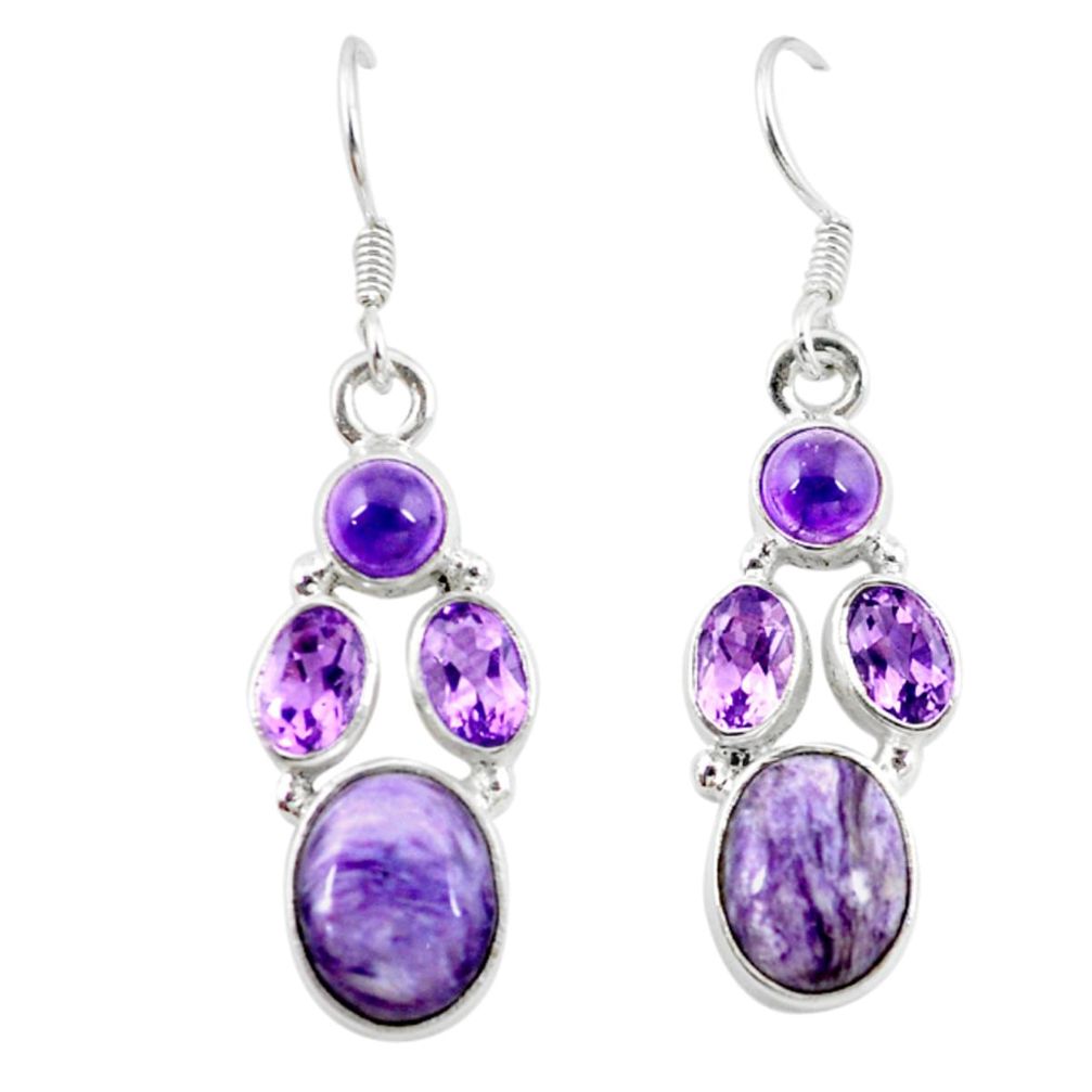 Natural purple charoite (siberian) 925 silver dangle earrings jewelry m7718