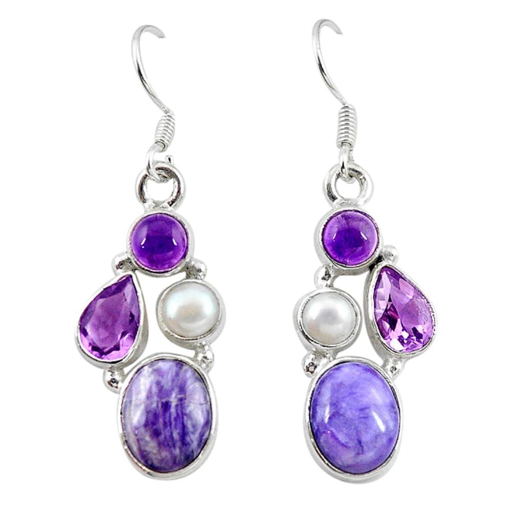 Natural purple charoite (siberian) pearl 925 silver dangle earrings m7719