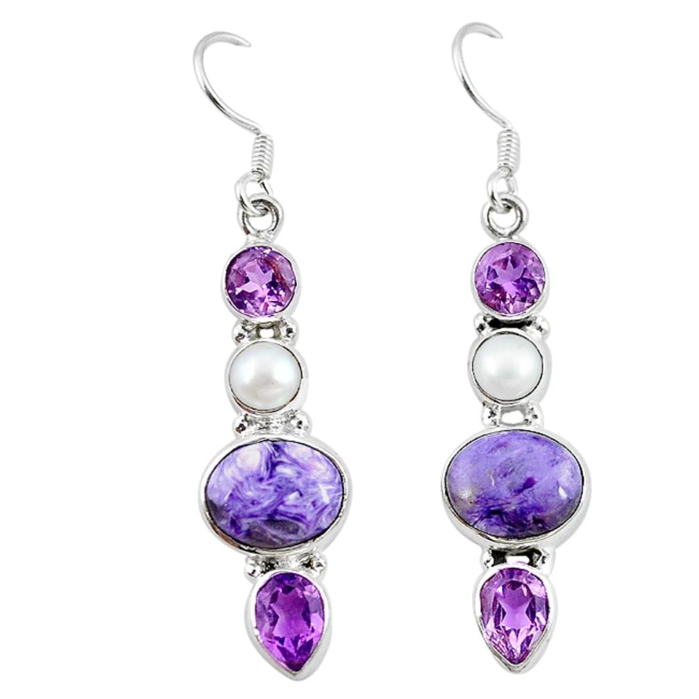 925 silver natural purple charoite (siberian) pearl dangle earrings m7720