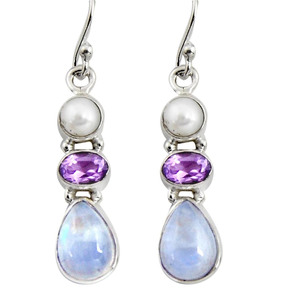 8.91cts natural rainbow moonstone amethyst 925 silver dangle earrings r11218