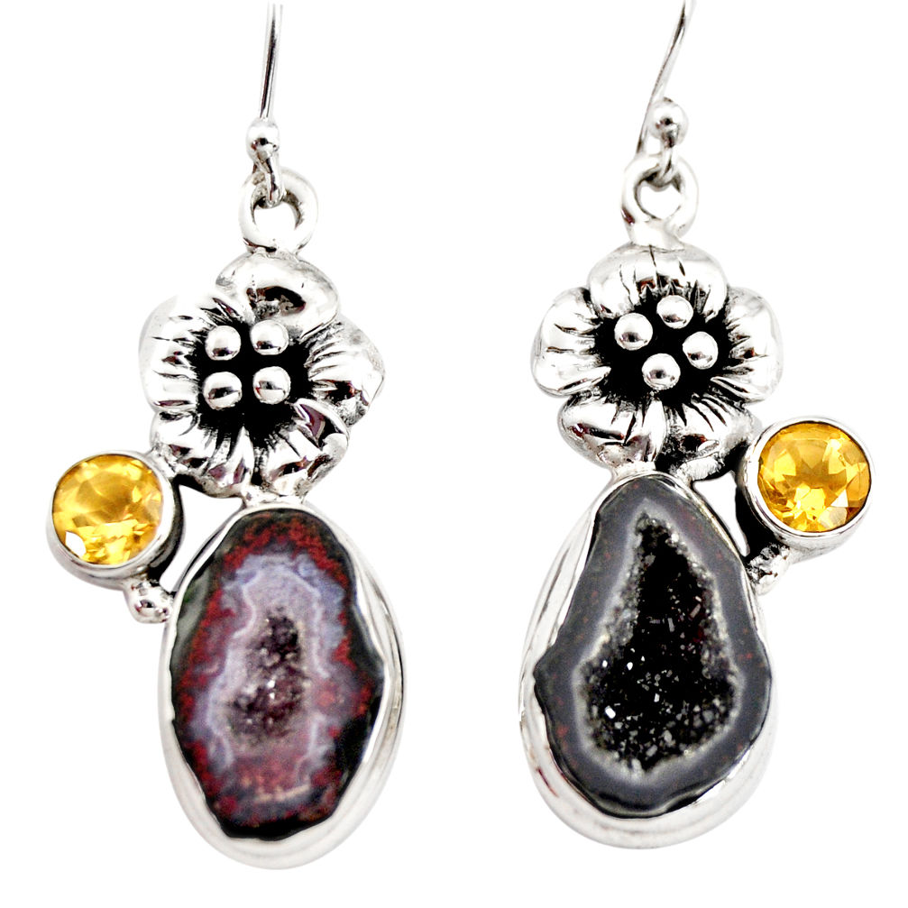 11.56cts natural brown geode druzy citrine 925 silver flower earrings r12001