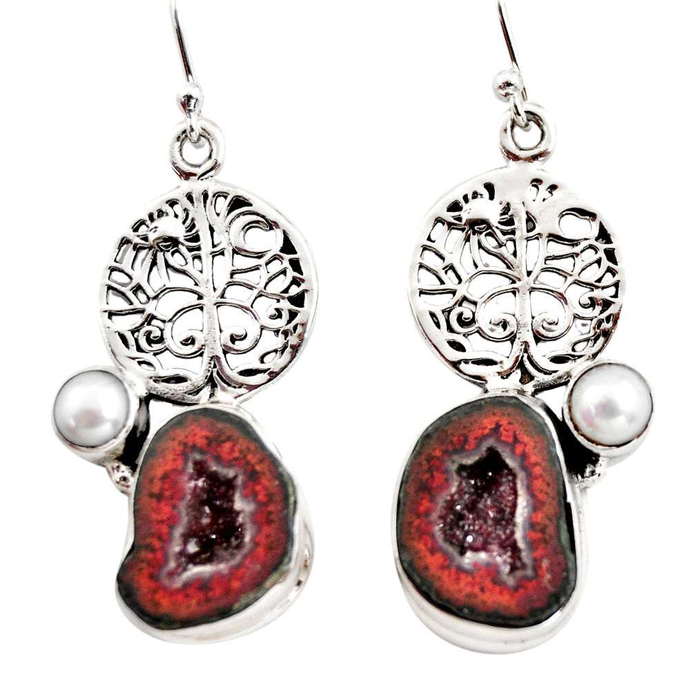 11.87cts natural brown geode druzy pearl 925 silver tree of life earrings r12005