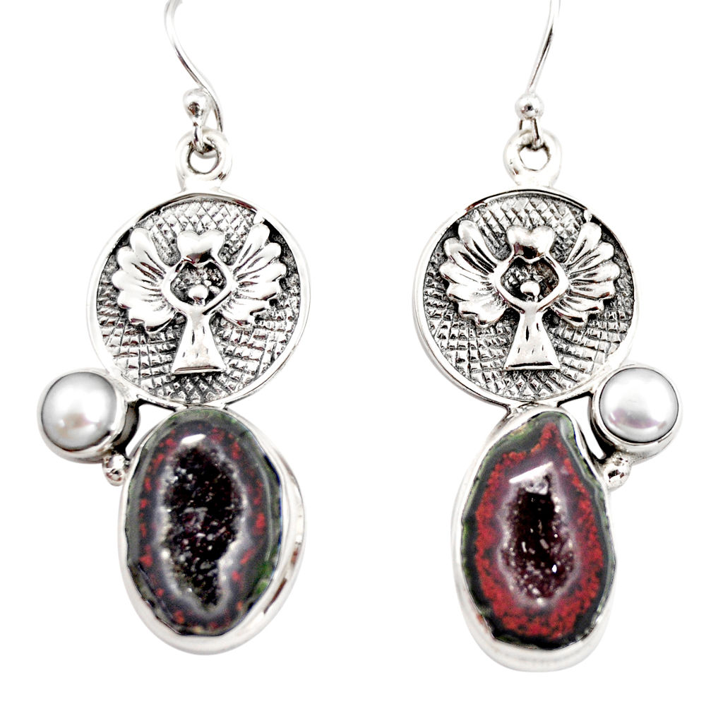 14.04cts natural brown geode druzy pearl 925 silver eagle charm earrings r12007