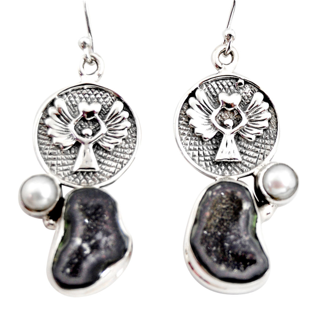12.96cts natural brown geode druzy pearl 925 silver eagle charm earrings r12012