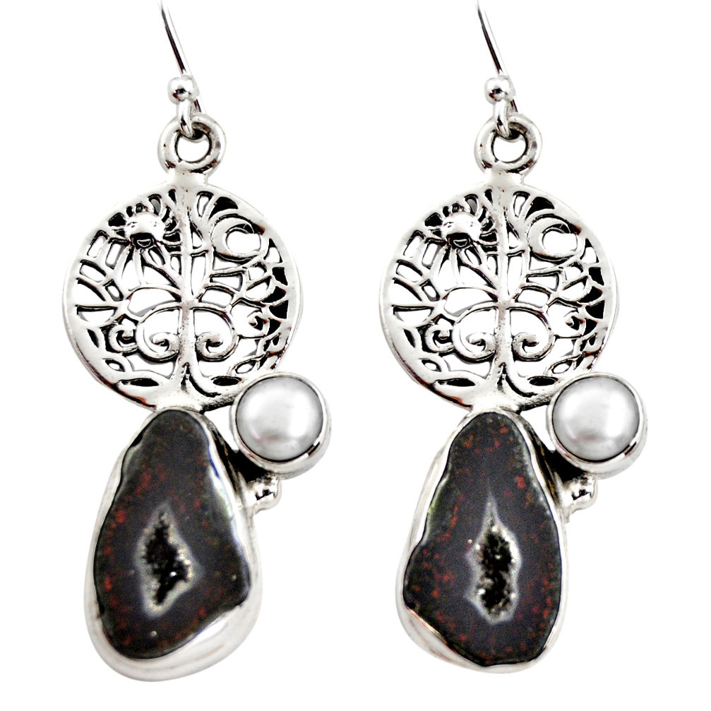 925 silver 10.77cts natural brown geode druzy pearl tree of life earrings r12019