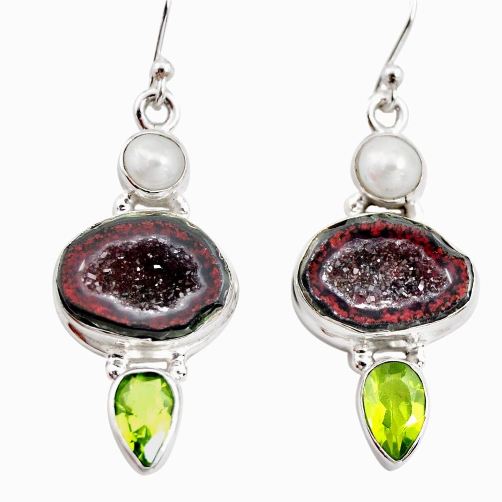 13.07cts natural brown geode druzy peridot pearl 925 silver earrings r12022