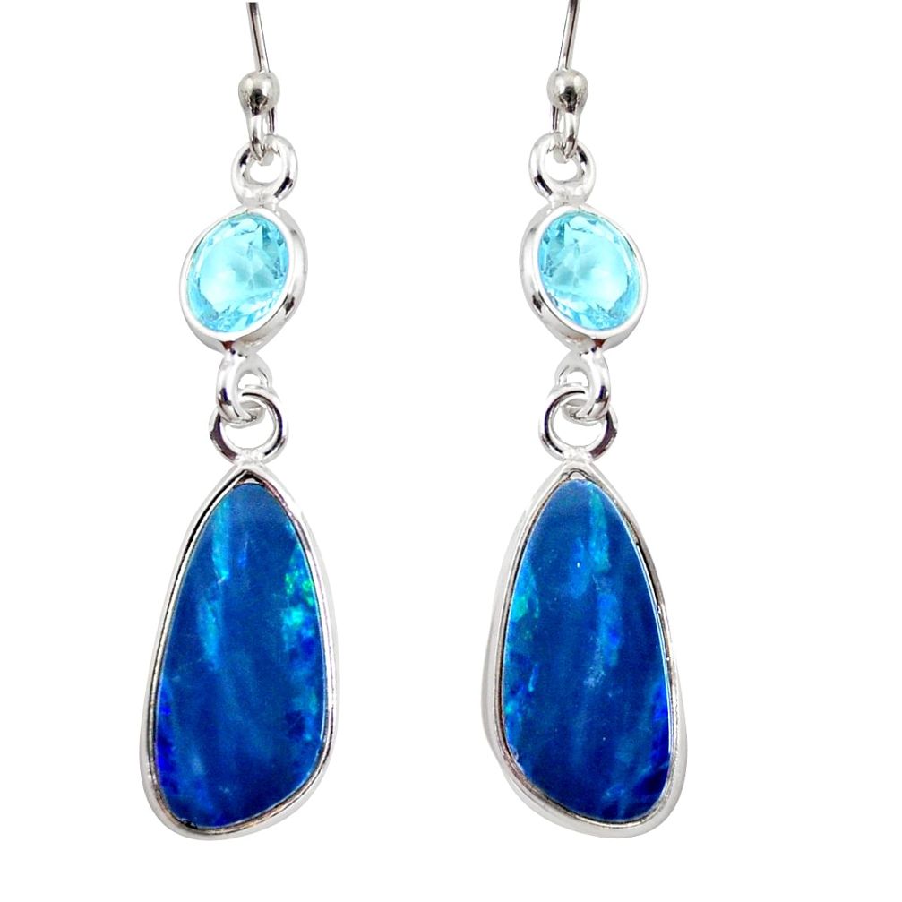 7.44cts natural blue doublet opal australian 925 silver dangle earrings r12195