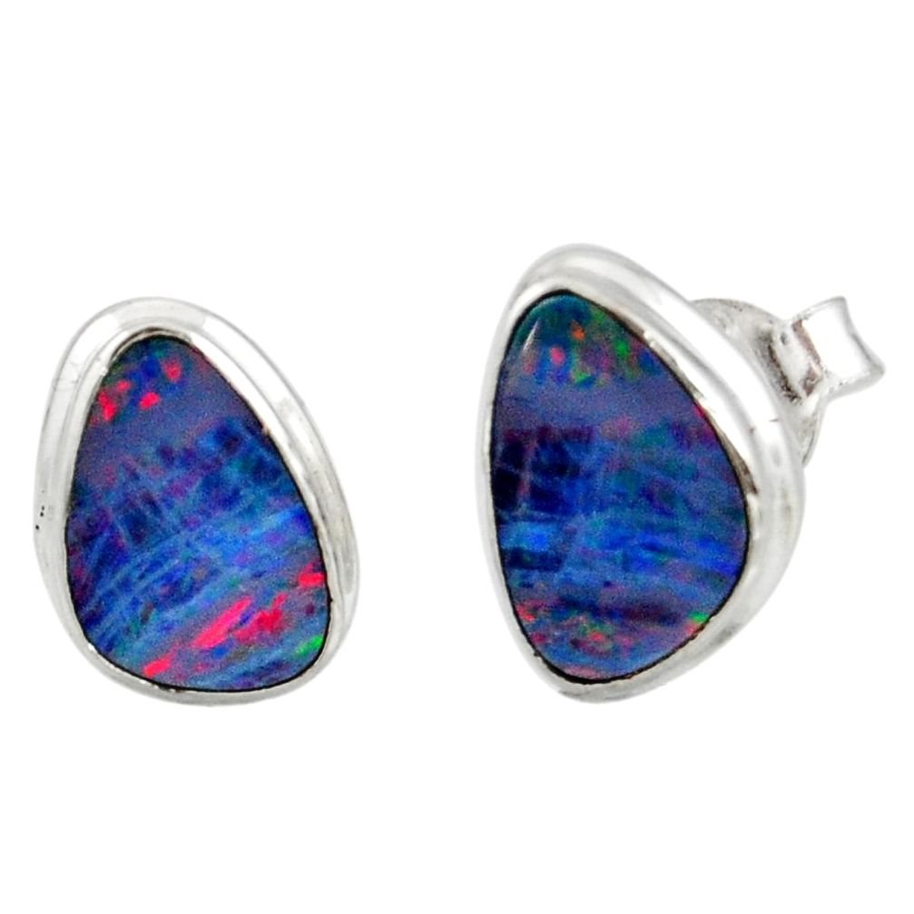 4.89cts natural blue doublet opal australian 925 silver stud earrings r12349