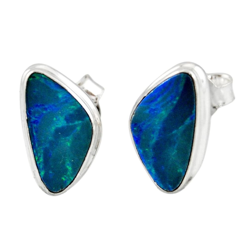 5.54cts natural blue doublet opal australian 925 silver stud earrings r12379