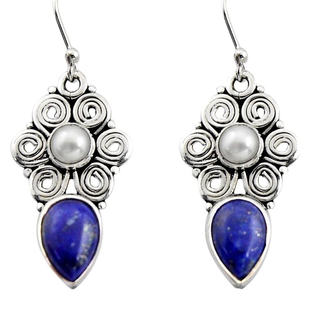 925 silver 8.14cts natural blue lapis lazuli white pearl dangle earrings r13407