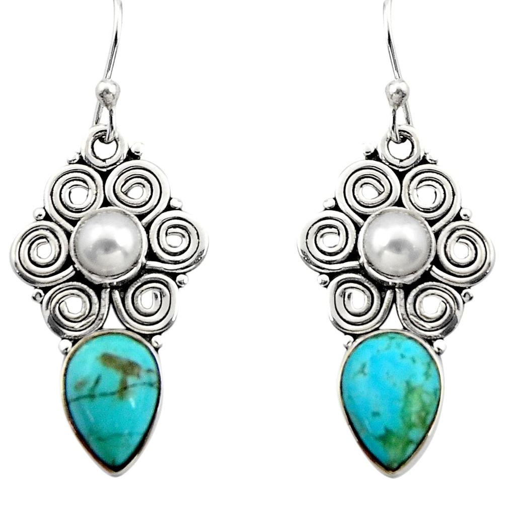 7.66cts green arizona mohave turquoise pearl 925 silver dangle earrings r13410