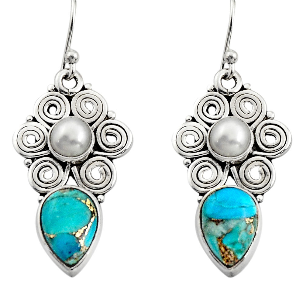 925 sterling silver 7.24cts blue copper turquoise pearl dangle earrings r13411