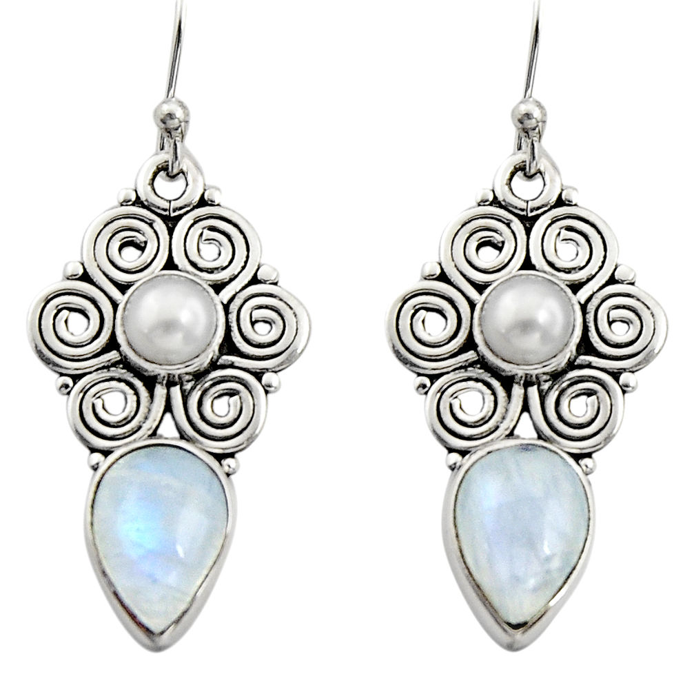 925 silver 7.92cts natural rainbow moonstone pearl dangle earrings r13416