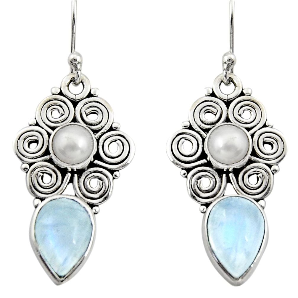 7.51cts natural rainbow moonstone pearl 925 silver dangle earrings r13418