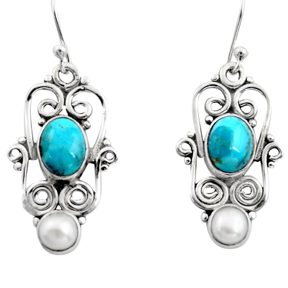 925 silver 5.87cts blue arizona mohave turquoise pearl dangle earrings r13452