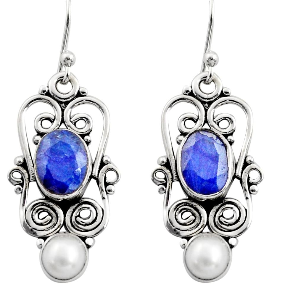 6.36cts natural blue sapphire pearl 925 sterling silver dangle earrings r13455