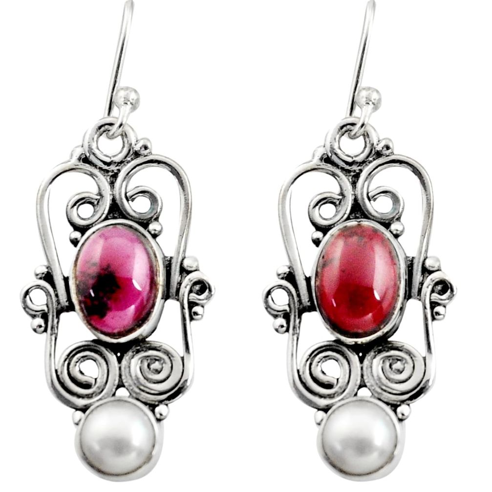 925 sterling silver 5.79cts natural red garnet pearl dangle earrings r13457