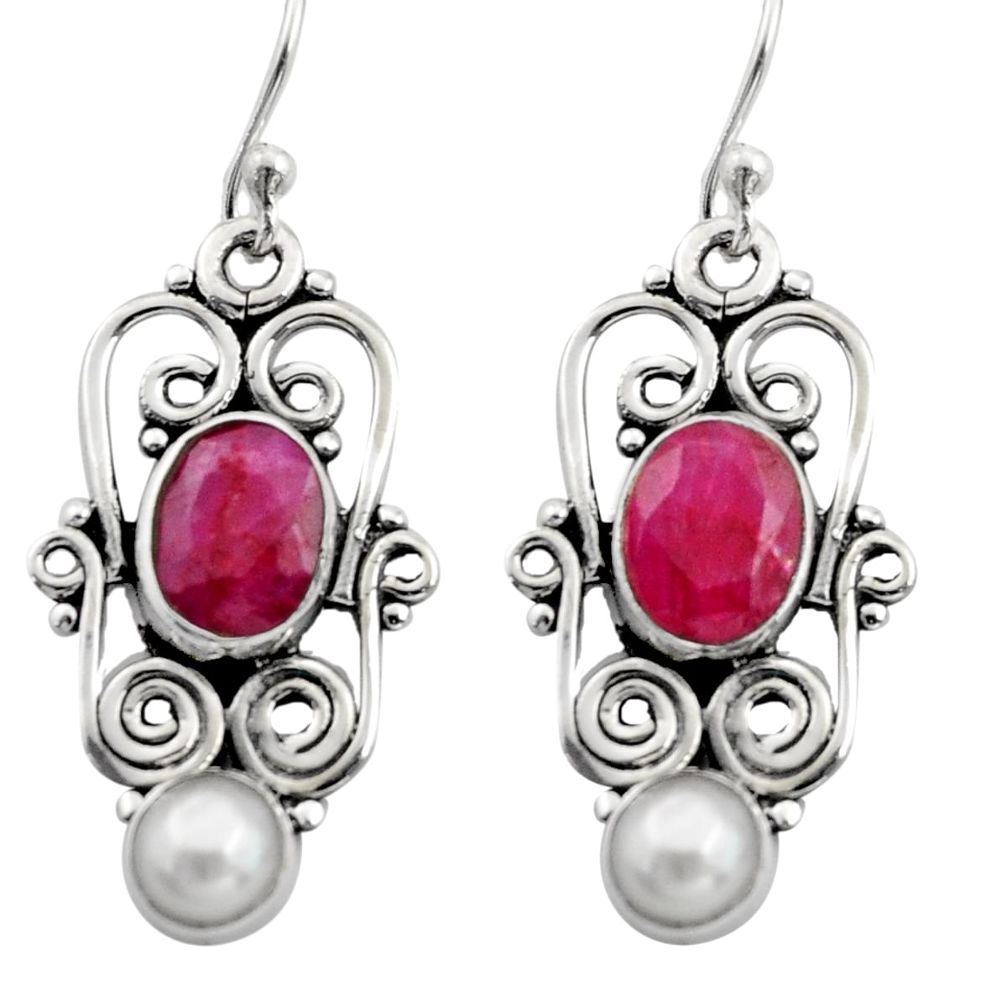 5.79cts natural red ruby pearl 925 sterling silver dangle earrings r13458