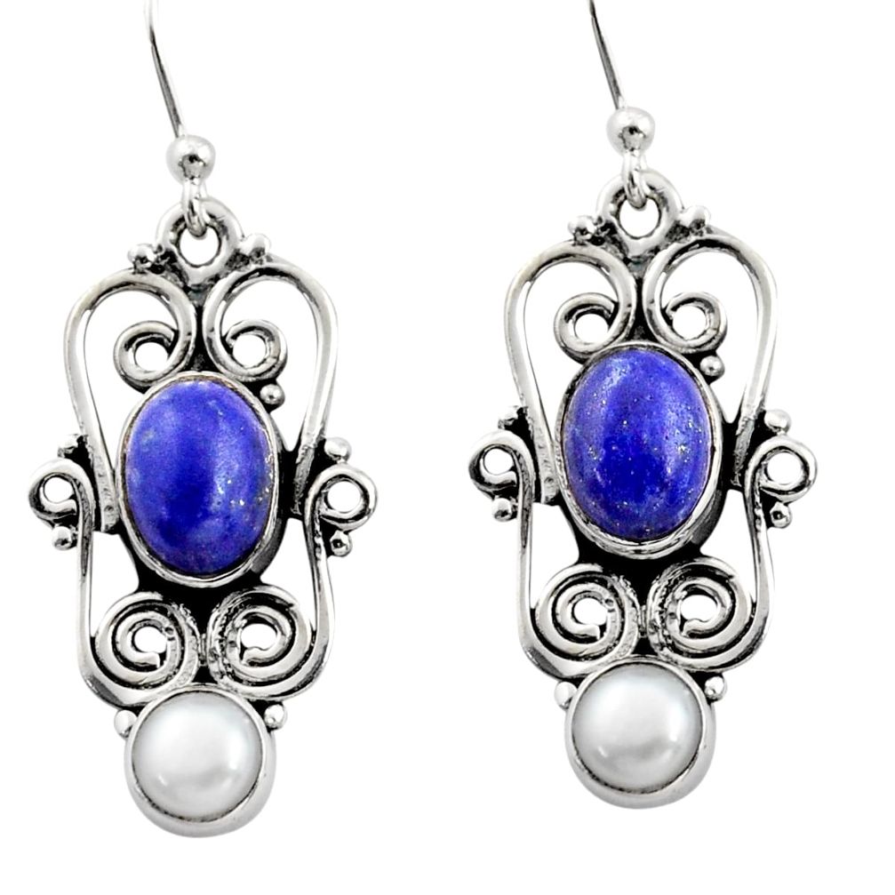 6.02cts natural blue lapis lazuli pearl 925 silver dangle earrings r13459
