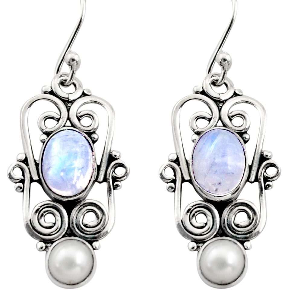 925 silver 5.87cts natural rainbow moonstone pearl dangle earrings r13460