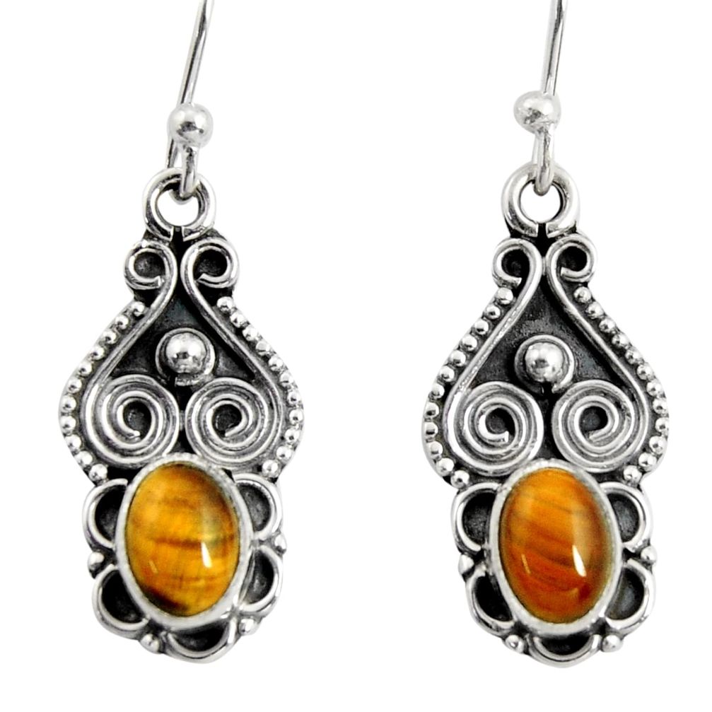 3.29cts natural brown tiger's eye 925 sterling silver dangle earrings r13826