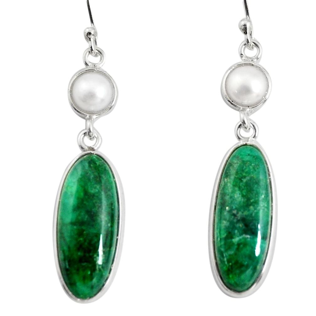 14.18cts natural green emerald pearl 925 sterling silver dangle earrings r13883