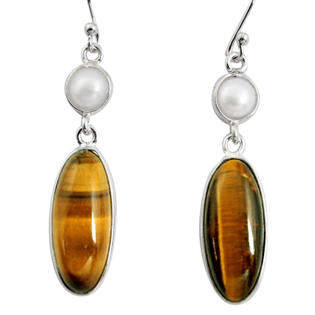 14.59cts natural brown tiger's eye pearl 925 silver dangle earrings r13893