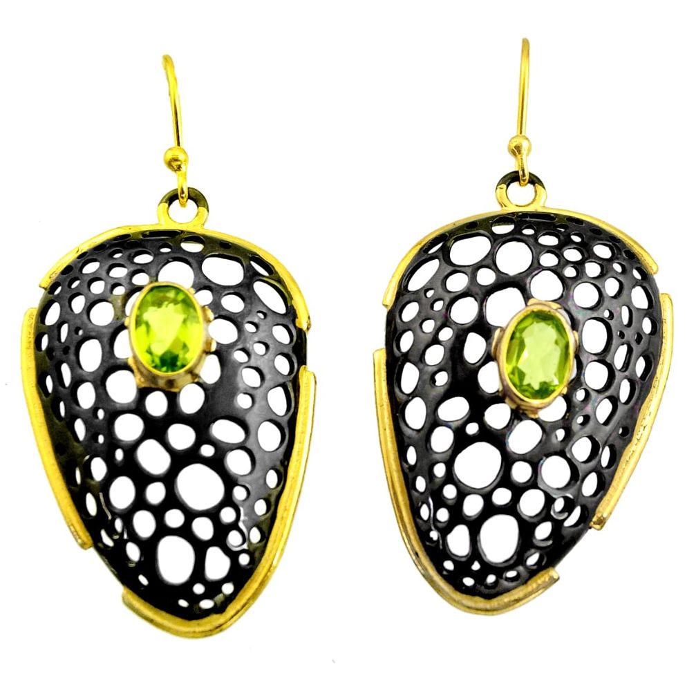 3.11cts black rhodium natural green peridot 925 silver 14k gold earrings r14174