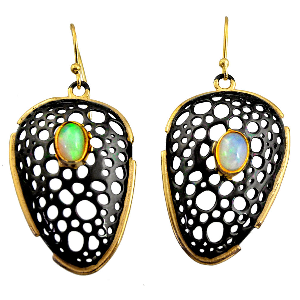 3.28cts black rhodium natural ethiopian opal 925 silver 14k gold earrings r14467