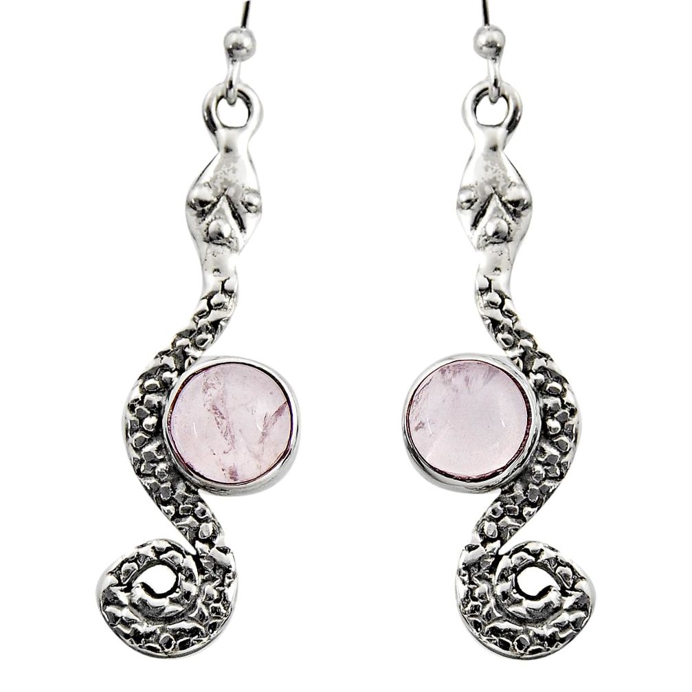 5.38cts natural pink rose quartz 925 sterling silver snake earrings r15857