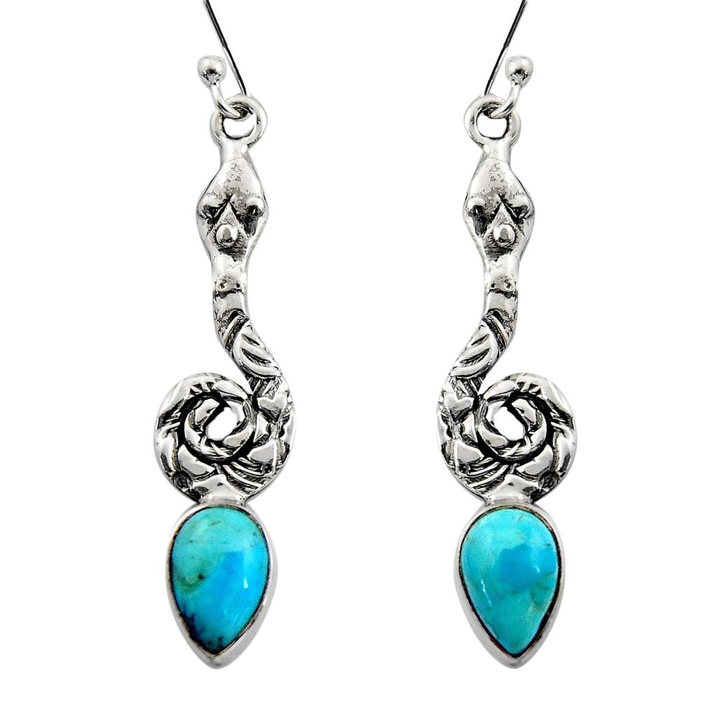 4.69cts natural blue campitos turquoise 925 silver snake earrings r15893