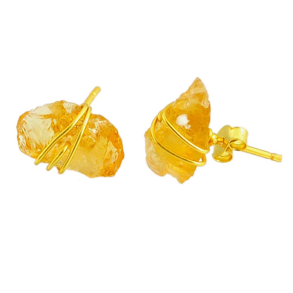 7.19cts yellow citrine raw 14k gold rough handmade stud earrings r79747