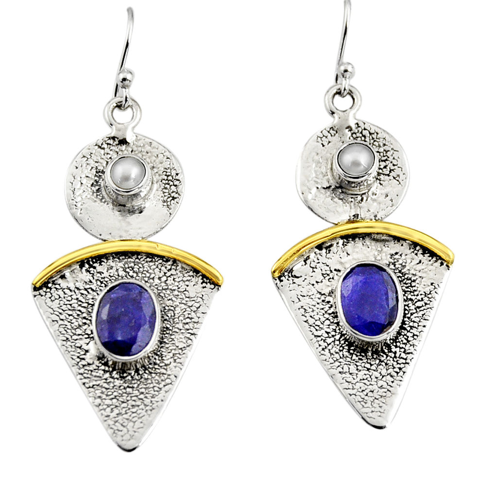 5.35cts victorian natural blue sapphire 925 silver two tone earrings r9014