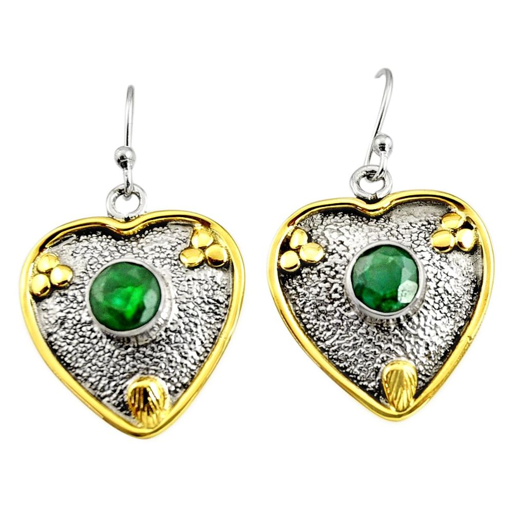 2.20cts victorian natural green emerald 925 silver two tone heart earrings r9043